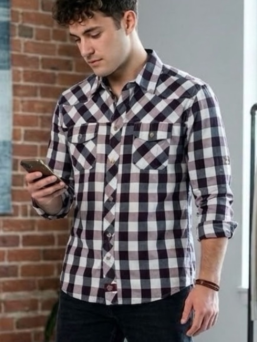 Boys Black & White Plaid Button-Down Shirt